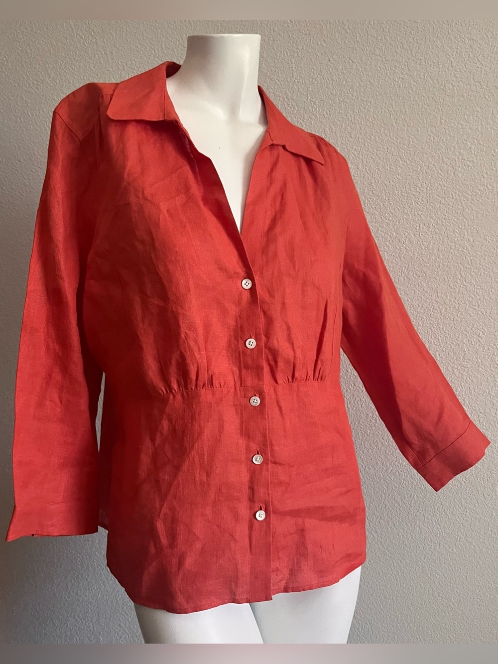 Talbots Pure Irish Linen Button Front Blouse Women's Size 12 Tomato Orange